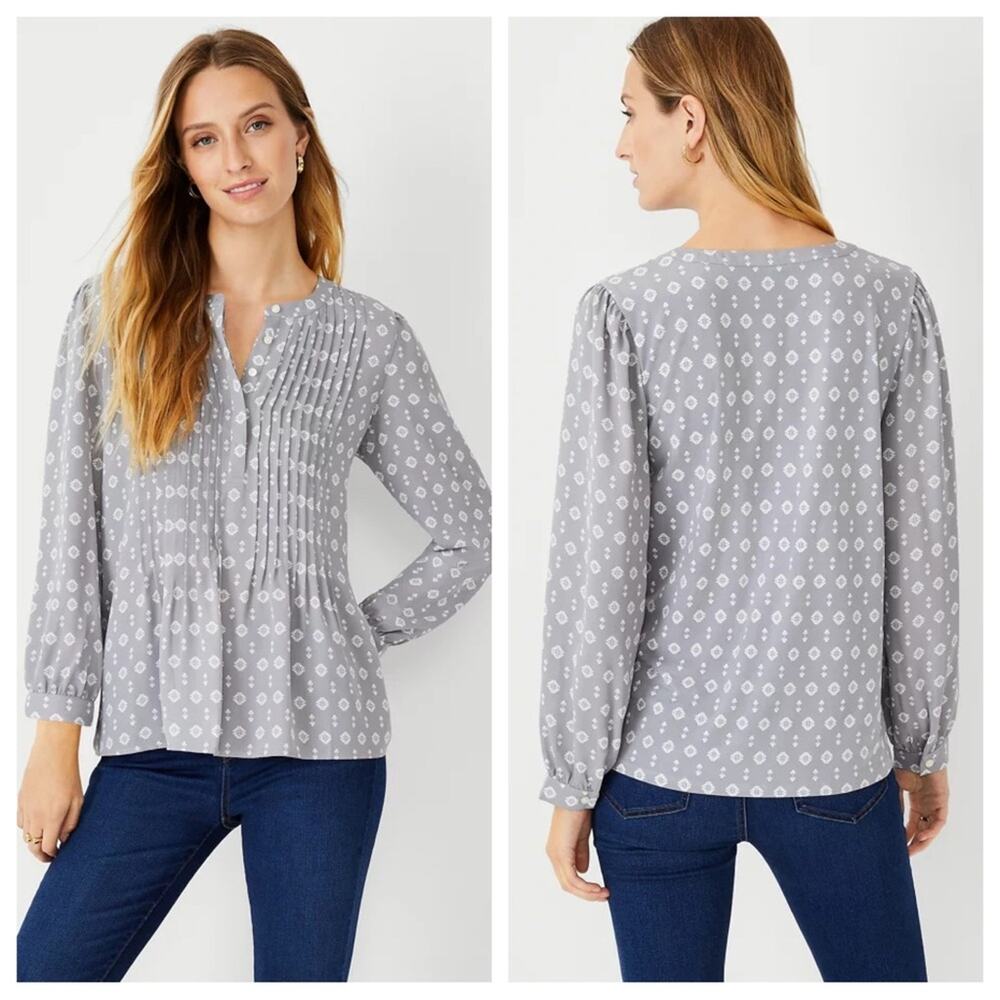 Ann Taylor Mystic Floral Mixed Media Pintucked Top - Size S